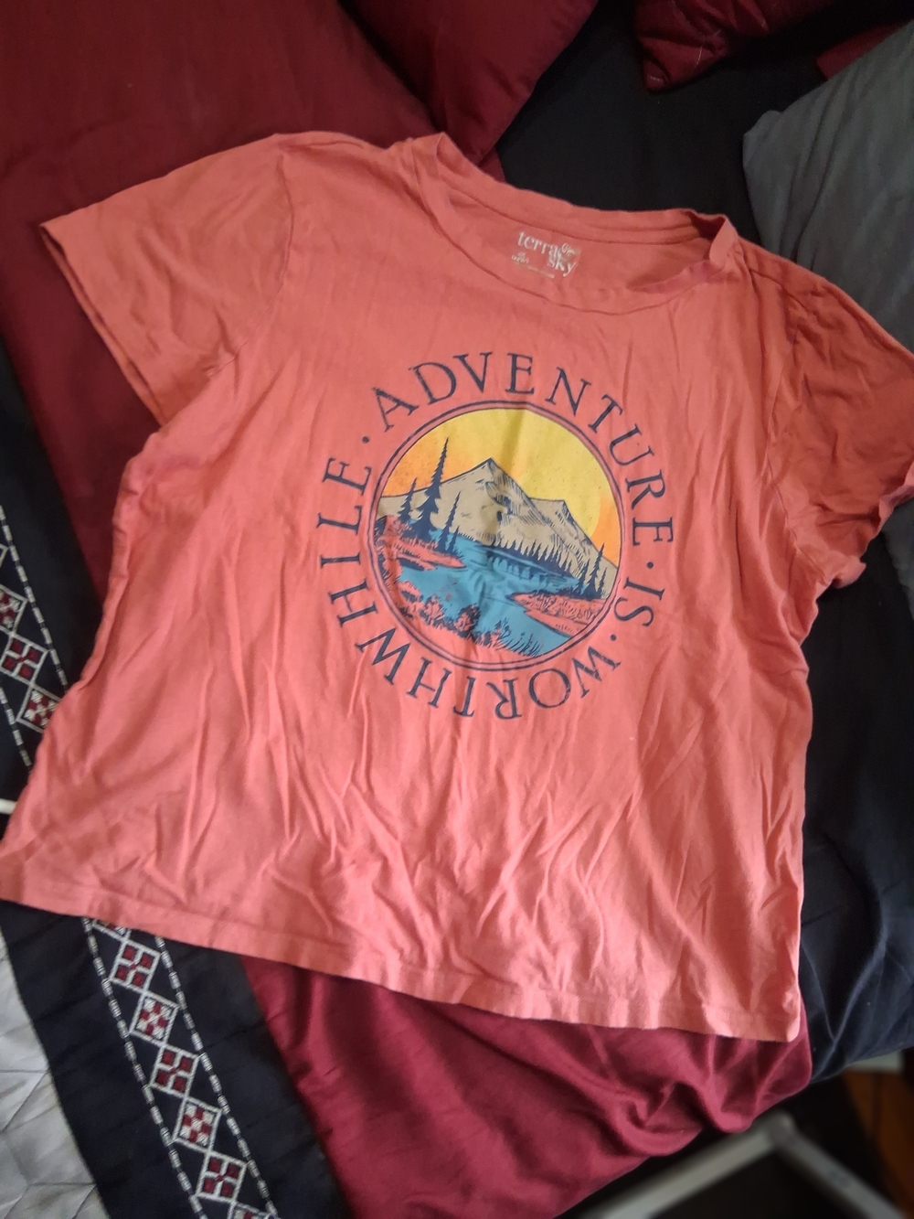 Terra & Sky Coral Pink Graphic Tee with Navy and Yellow Print